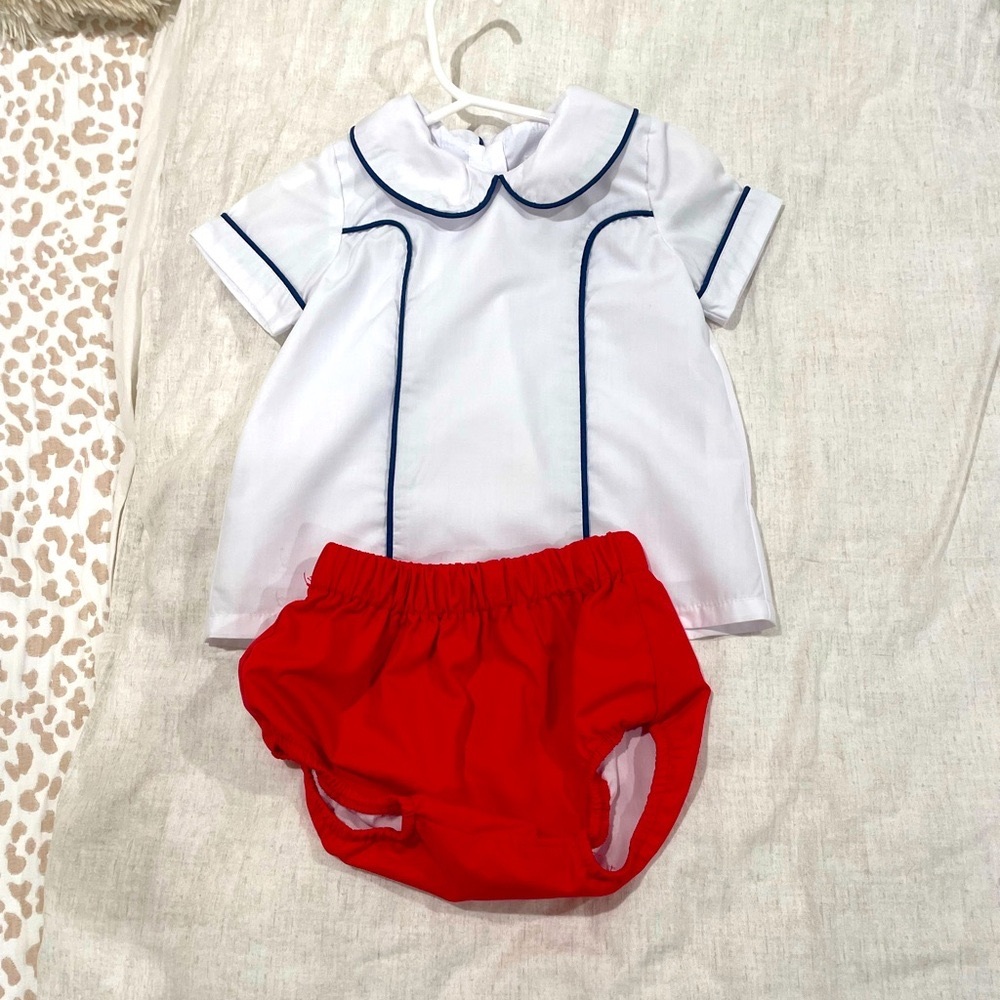 The Yellow Lamb Red, White, Blue Peter Pan Collar Shirt and Bloomers 18 mo EUC